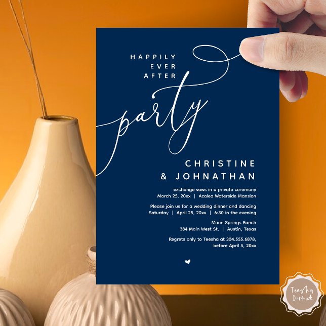 Happily Ever After Party, Romantic Wedding Dinner Invitation (Romantic Happily Ever After Party, Modern Wedding Dinner Invitation Card, PDF, Classy Navy Blue)