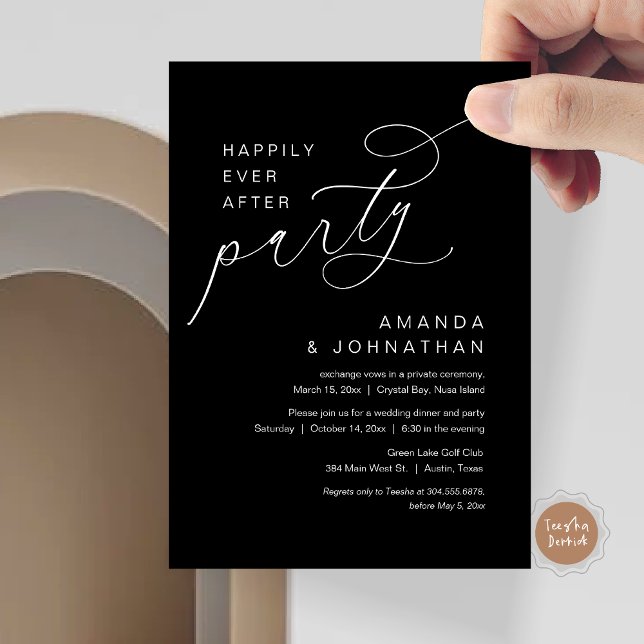 Happily Ever After Party, Romantic Wedding Invitation (Modern Romantic Script, Happily Ever After Party Invitation Card, in classy black)