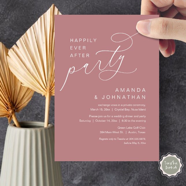 Happily Ever After Party, Romantic Wedding Invitation (Happily Ever After Party, Modern Romantic Wedding Dinner Invitation Card in Dusty rose pink)