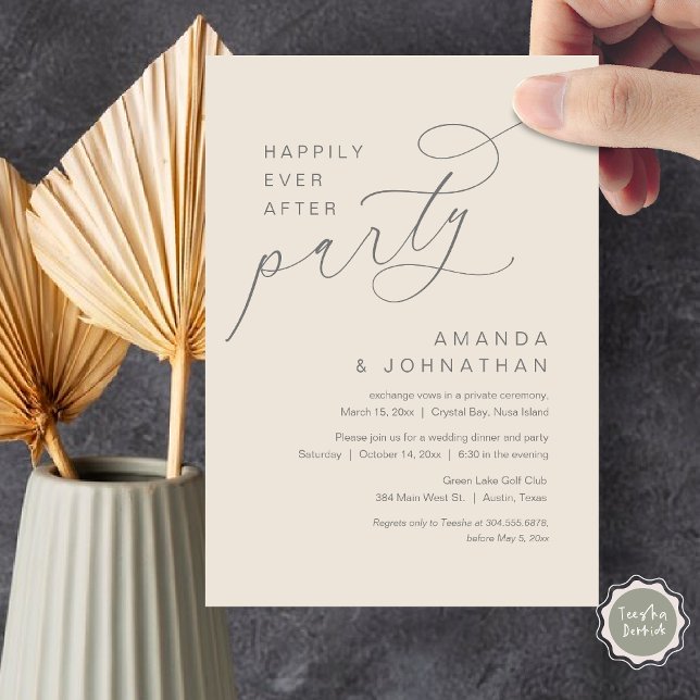 Happily Ever After Party, Romantic Wedding Invitation (Happily Ever After Party, Modern Romantic Wedding Dinner Invitation Card in Dark Grey and Cream)
