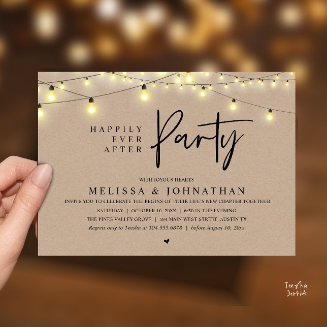 Happily Ever After Party, Rustic String Lights Invitation (Happily Ever After Party, Rustic Wedding String Lights Invitation card, Reception Brown Kraft )