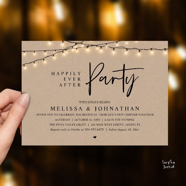 Happily Ever After Party, Rustic String Lights Invitation (Happily Ever After Party, Rustic Wedding String Lights Invitation card, Reception Brown Kraft )
