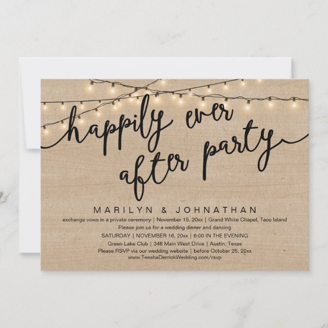 Happily Ever After Party, Rustic Wedding Dinner Invitation (Front)