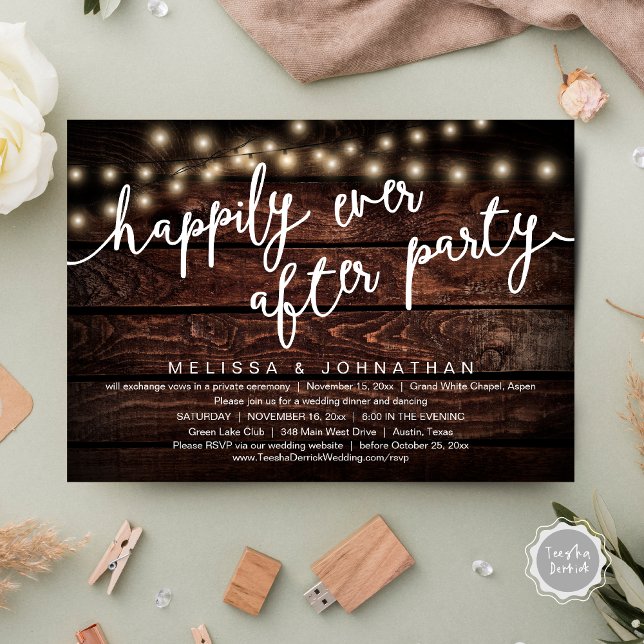Happily Ever After Party, Rustic Wedding Dinner Invitation (Happily Ever After Party, Rustic Wedding Dinner Invitation Card, PDF, Cottage Brown Wood Graphic)