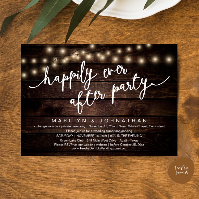 Happily Ever After Party, Rustic Wedding Dinner Invitation (Happily Ever After Party, Rustic Wedding Dinner Dancing Invitation Card, PDF, Brown Wood Background)