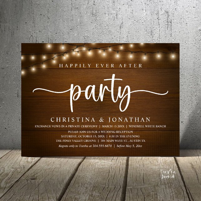 Happily Ever After party, Rustic Wedding Invitation (Happily Ever After party, Rustic Wedding reception Invitation Card string lights brown wood)