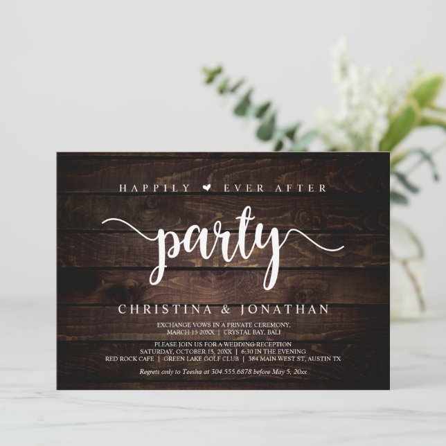 Happily Ever After party, Rustic Wood, Elopement Invitation (Standing Front)