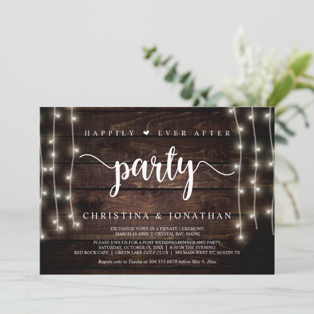 Happily Ever After party, String Lights, Elopement Invitation (Standing Front)