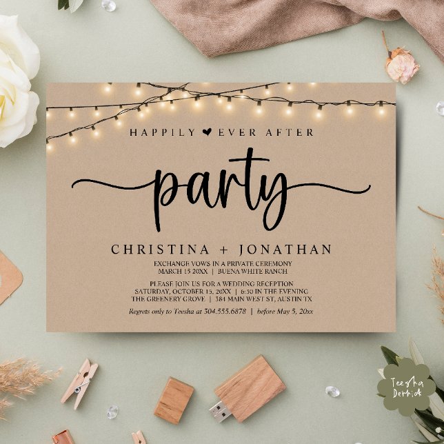 Happily Ever After party,  String Lights Elopement Invitation (Happily Ever After party, String Lights Wedding Invitation Card PDF Cottage Brown Kraft)