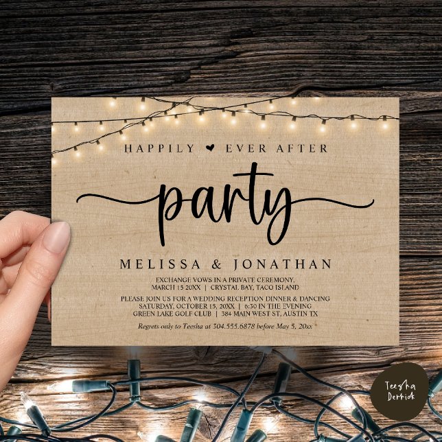 Happily Ever After party,  String Lights Elopement Invitation (Happily Ever After Party, Cottage String Lights Elopement Invitation Card, PDF, Brown Wood)