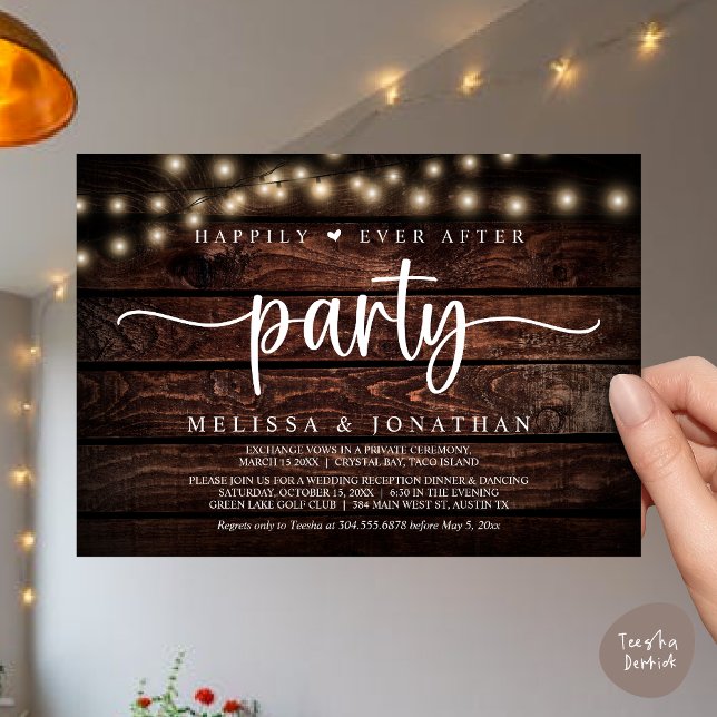 Happily Ever After party,  String Lights Elopement Invitation (Happily Ever After Party, Cottage String Lights Elopement Invitation Card, PDF, Brown Wood)