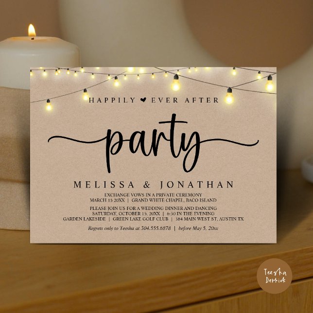 Happily Ever After party,  String Lights Elopement Invitation (Happily Ever After Party, Elopement Dinner Dancing, String Lights Invitation Card, PDF, Brown Kraft)