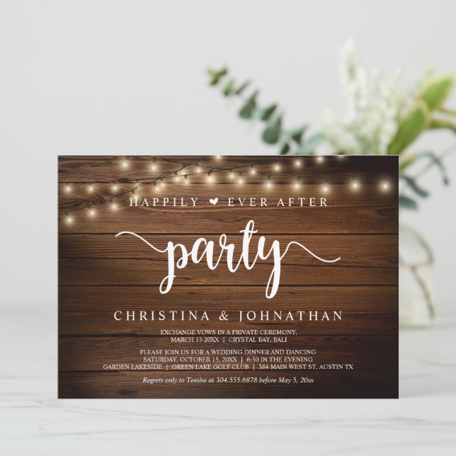 Happily Ever After party, String Lights, Elopement Invitation (Standing Front)