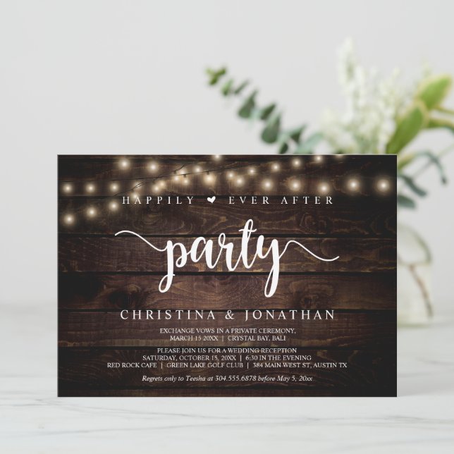 Happily Ever After party, String Lights, Elopement Invitation (Standing Front)