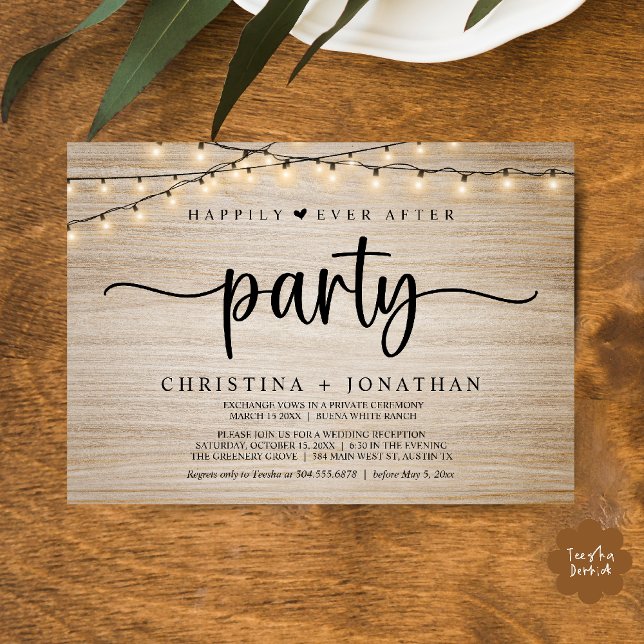 Happily Ever After party,  String Lights Wedding Invitation (Happily Ever After party, String Lights Wedding Invitation Card PDF Cottage Wood)