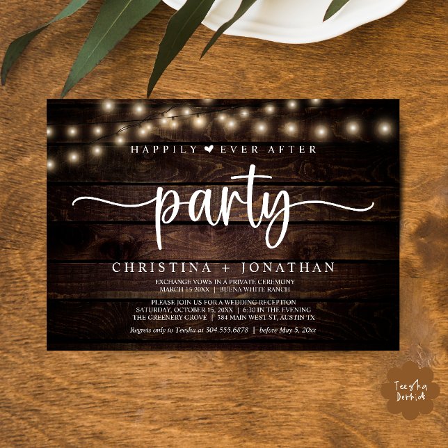 Happily Ever After party,  String Lights Wedding Invitation (Happily Ever After party, String Lights Wedding Invitation Card PDF Cottage Dark Wood)