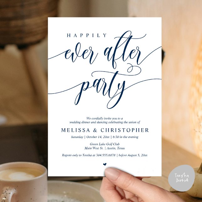 Happily Ever After Party, Wedding Dinner Dancing Invitation (Happily Ever After Party, Wedding Dinner and Dancing Invitation Card, PDF, in Navy Blue)