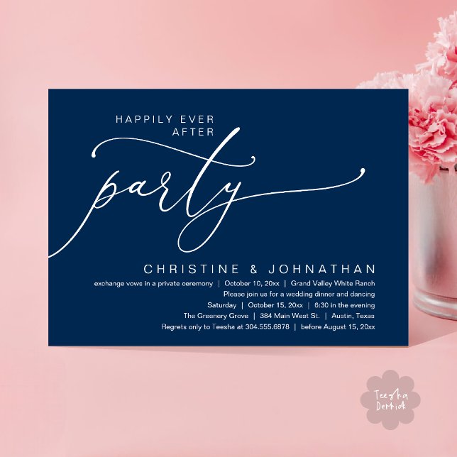 Happily Ever After Party, Wedding Dinner Dancing Invitation (Happily Ever After Party, Romantic Modern Elopement Dinner Dancing Invites Card PDF Navy Blue)