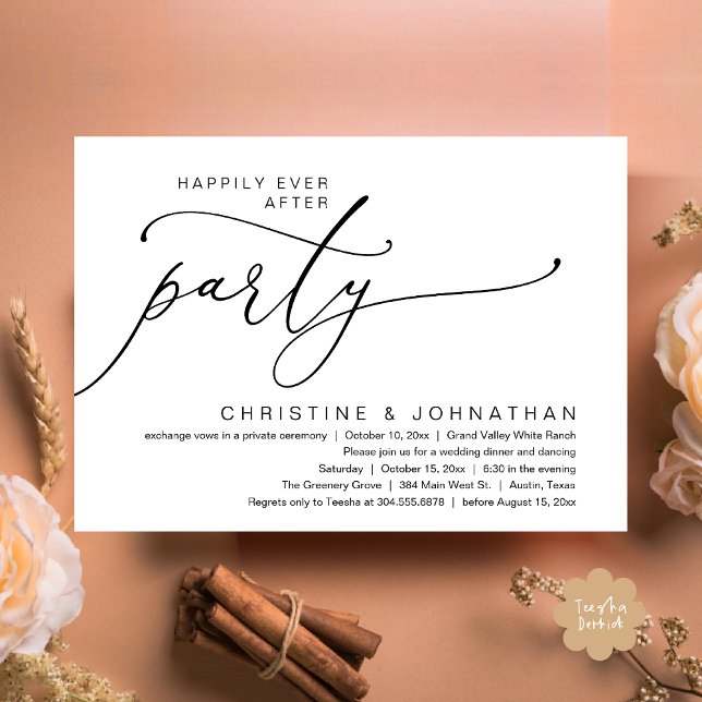 Happily Ever After Party, Wedding Dinner Dancing Invitation (Happily Ever After Party, Romantic Modern Elopement Dinner Dancing Invites Card PDF Black White)