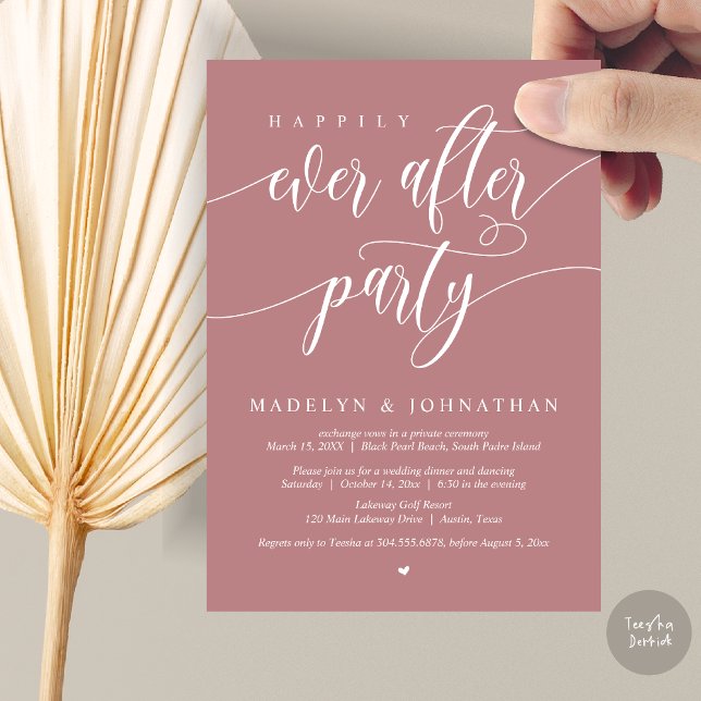 Happily Ever After Party Wedding Dinner Dusty Rose Invitation (Happily Ever After Party, Modern Calligraphy Wedding Dinner Invitation Card, PDF, in Dusty Rose Pink)