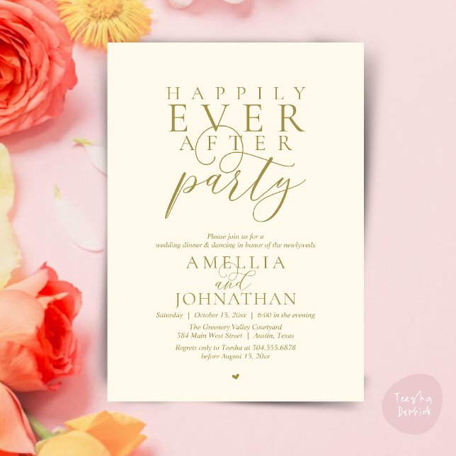 Happily Ever After Party Wedding Elopement Dinner Invitation (Happily Ever After Party Wedding Elopement Dinner Invitation Card in Yellow Cream and Gold)