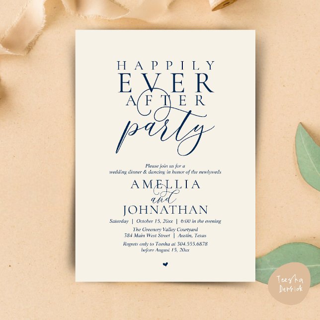 Happily Ever After Party Wedding Elopement Dinner Invitation (Happily Ever After Party Wedding Elopement Dinner Invitation Card in Navy Blue and Ivory)