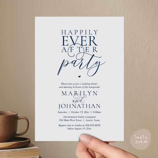 Happily Ever After Party Wedding Elopement Dinner Invitation (Happily Ever After Party Wedding Elopement Dinner Dancing Invitation Card in Navy Blue Chill Grey)