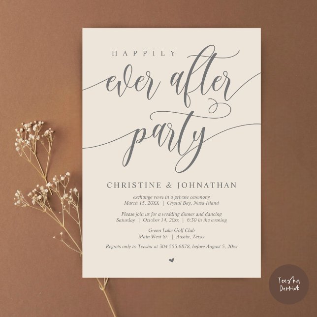 Happily Ever After Party, Wedding Elopement Dinner Invitation (Happily Ever After Party, Wedding Elopement Dinner Invitation Card, PDF, in Dark Grey and Cream)