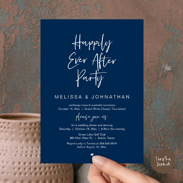 Happily Ever After Party, Wedding Elopement Dinner Invitation (Happily Ever After Party, Wedding Elopement Dinner Brunch Lunch Invitation Card, PDF, Navy Blue)