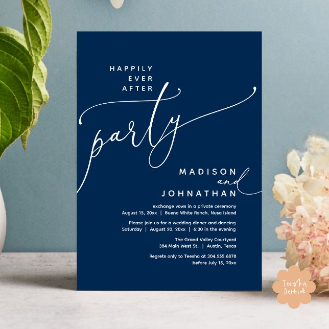Happily Ever After Party Wedding Elopement Dinner Invitation (Romantic Happily Ever After Party Modern Wedding Elopement Dinner Invitation Card PDF Navy Blue)
