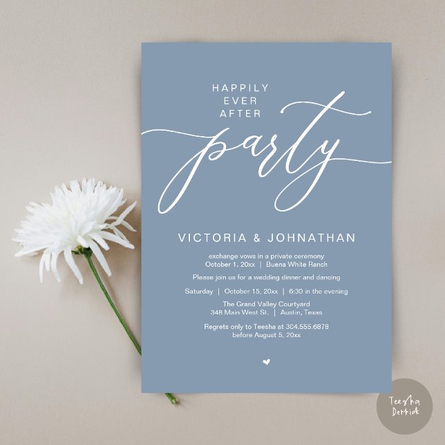 Happily Ever After Party Wedding Elopement Dinner Invitation (Romantic Happily Ever After Party Modern Wedding Elopement Dinner Invitation Card PDF Dusty Blue)