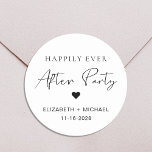 Happily Ever After Party Wedding Reception Classic Round Sticker<br><div class="desc">Chic sticker for your wedding reception or celebration party invitations and party favors featuring "Happily Ever After Party" in a mix of simple typography and a modern script and your first names and reception date. You can change the colors of the text, heart and background by editing in the design...</div>