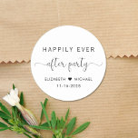 Happily Ever After Party Wedding Reception Classic Round Sticker<br><div class="desc">An elegant sticker for your wedding reception party invitations,  favors and correspondence with "Happily Ever After Party" in a mix of simple modern typography and a stylish script with swashes,  your first names joined by a heart and your reception date.</div>