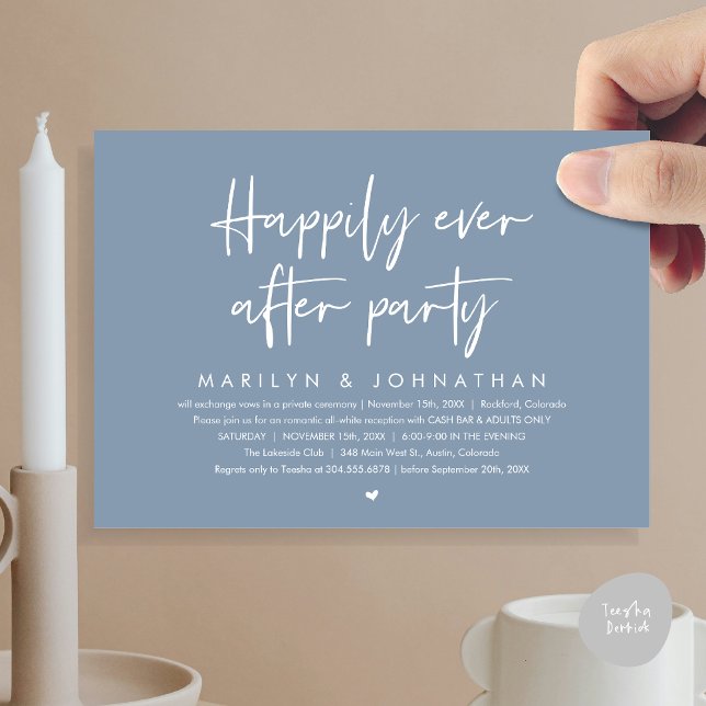 Happily Ever After Party, Wedding Reception Invitation (Happily Ever After Party, Modern Wedding Reception Invitation Card, PDF, Cash Bar in Dusty Blue)