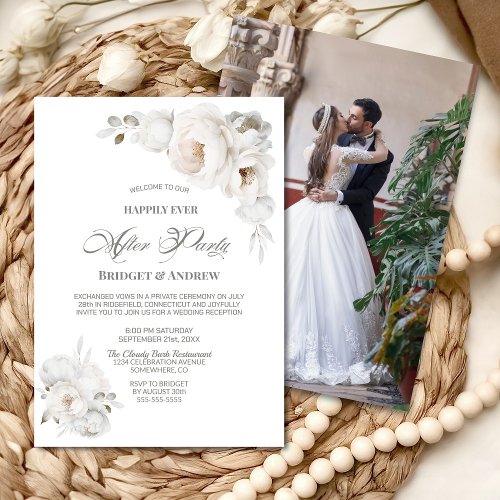 Happily Ever After Party White Floral Reception Invitation