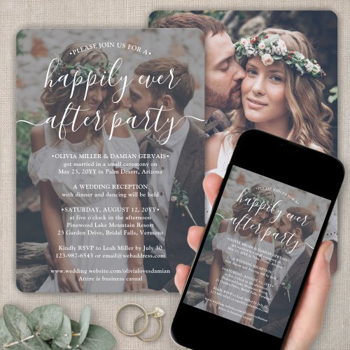 Happily Ever After Party White Text Photo Wedding Invitation