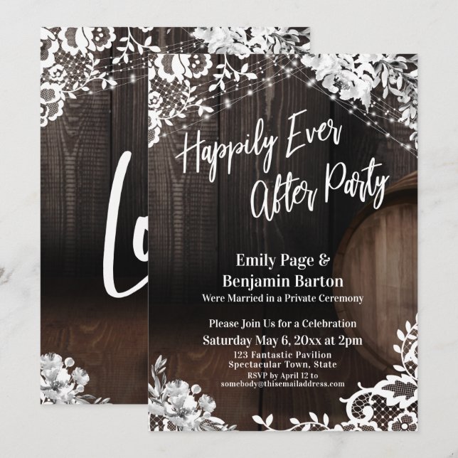 Happily Ever After Party Wine Barrel Lace & Lights Invitation (Front/Back)