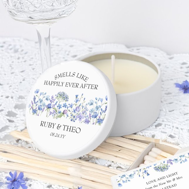 Happily Ever After Periwinkle Wildflower Wedding Mini Candle Favors (Wedding favor candles for guests from the Periwinkle Wildflower wedding collection by Darling & May)