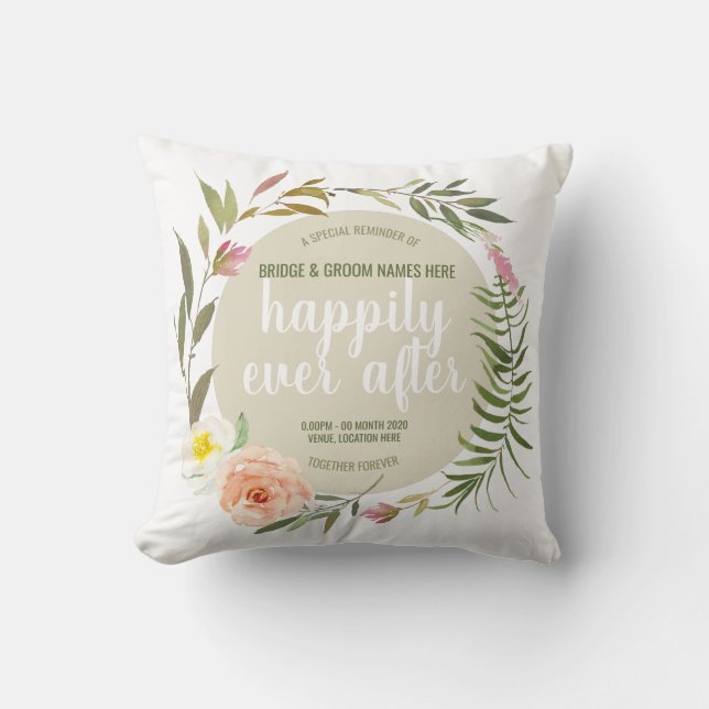 Happily Ever After - Personalized Wedding Bouquet Throw Pillow (Front)