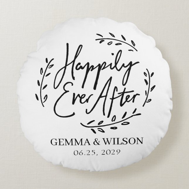 Happily Ever After Personalized Wedding Gift Throw Round Pillow (Front)