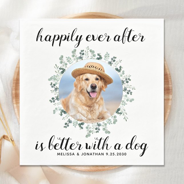 Happily Ever After Pet Photo Greenery Dog Wedding Napkins (Creator Uploaded)