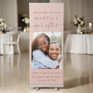 Happily Ever After Photo Blush Pink Gold Wedding Retractable Banner