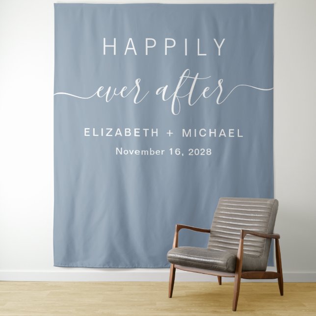Happily Ever After Photo Booth Dusty Blue Tapestry (In Situ)