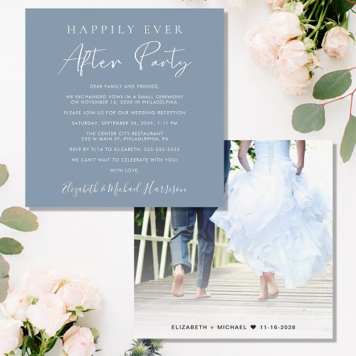 Happily Ever After Photo Dusty Blue Reception Invitation