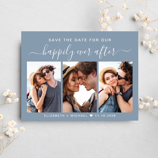 Happily Ever After Photo Dusty Blue Save The Date Announcement Postcard (A stylish save the date photo collage announcement postcard for your wedding)