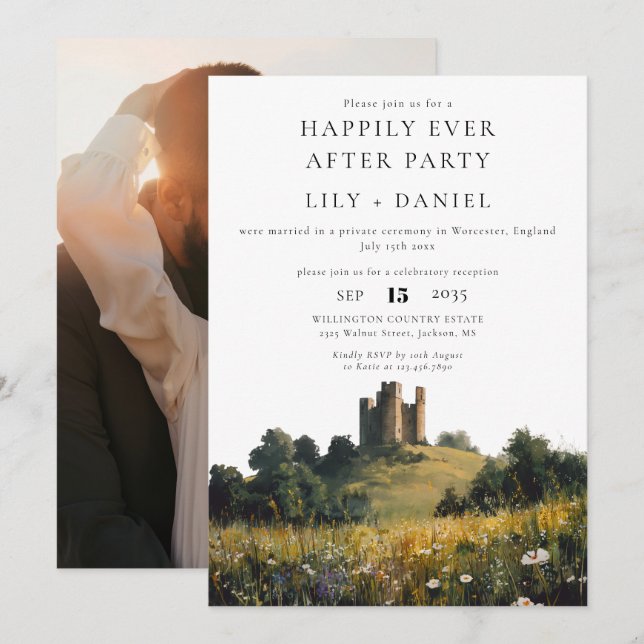 Happily Ever After Photo Floral Castle Wedding Invitation (Front/Back)