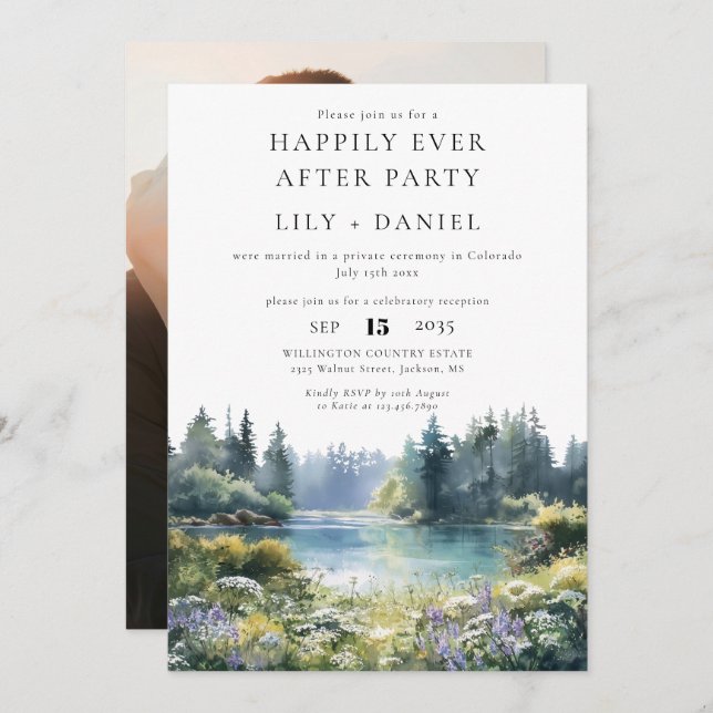Happily Ever After Photo Forest Lakeside Wedding Invitation (Front/Back)