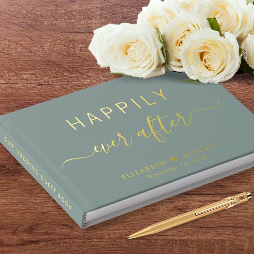 Happily Ever After Photo Gold Foil Sage Wedding Foil Guest Book