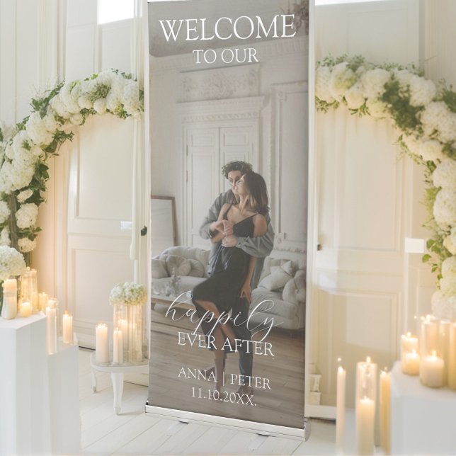 Happily Ever After Photo Minimalist Welcome Sign (Welcome to our happily ever after Wedding Banner Welcome Sign Minimalist Modern with Photo)