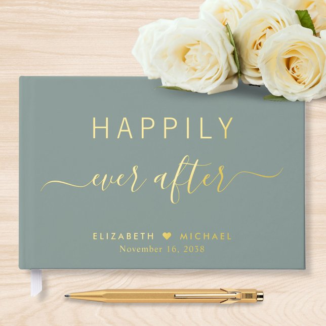 Happily Ever After Photo Sage Green Wedding Foil Guest Book (Creator Uploaded)